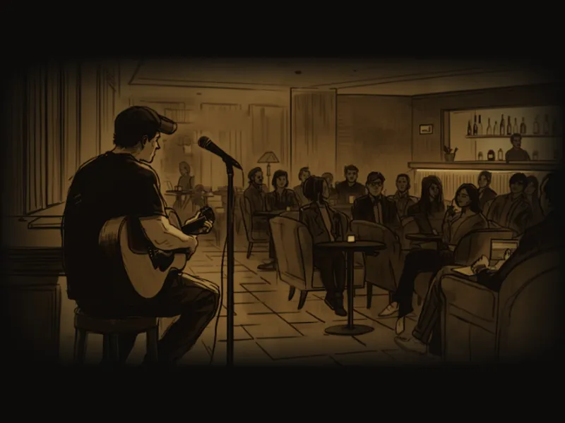 Solo with acoustic guitar in a hotel lounge, illustration